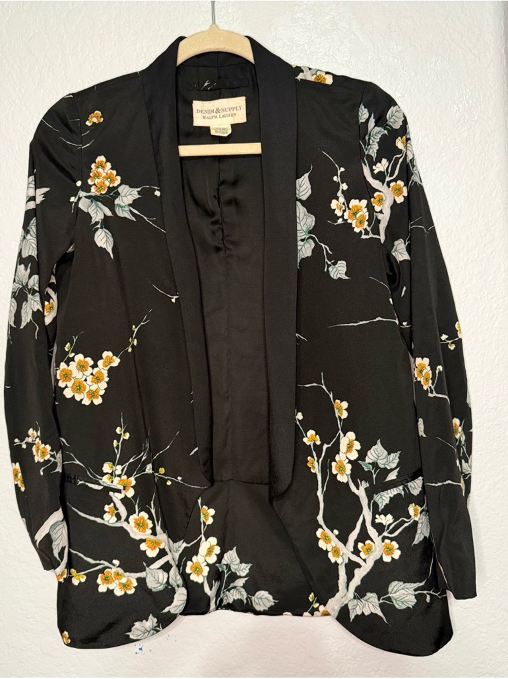 Denim & Supply Ralph Lauren Black Floral Open-Front Blazer with Yellow Blossoms
